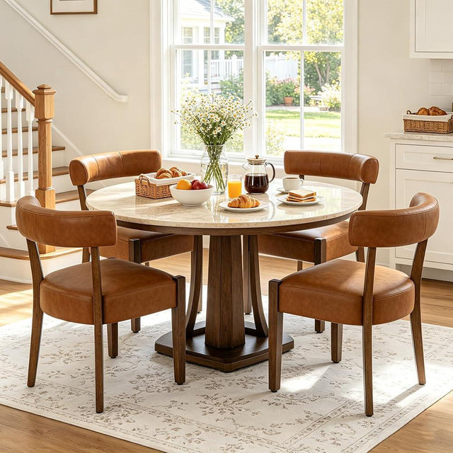 RNKSFX Modern Dining Chairs Set of 4, Faux Leather Upholstered Kitchen & Dining Room Chairs, Mid Century Modern Wooden Dining Chairs Oversized Sturdy Rounded Chairs Curved Back, Brown
