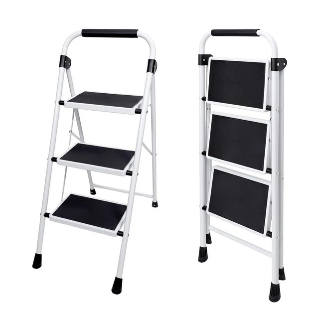 OLIXIS Step Ladder, 3 Sturdy Step Stool with Anti-Slip Pedal & Comfortable Handrail, Portable Heavy Duty Step Stool for Kitchen, Garage & Outdoor Use, 330lbs, Black