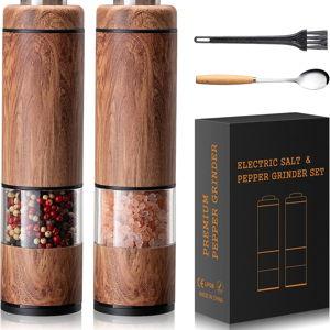 Electric Salt and Pepper Grinder Set, Battery Operated Pepper Grinder with LED Light, One Handed Operation, Adjustable Coarseness, Slat and Pepper Shakers Set Electric (Wood Grain)