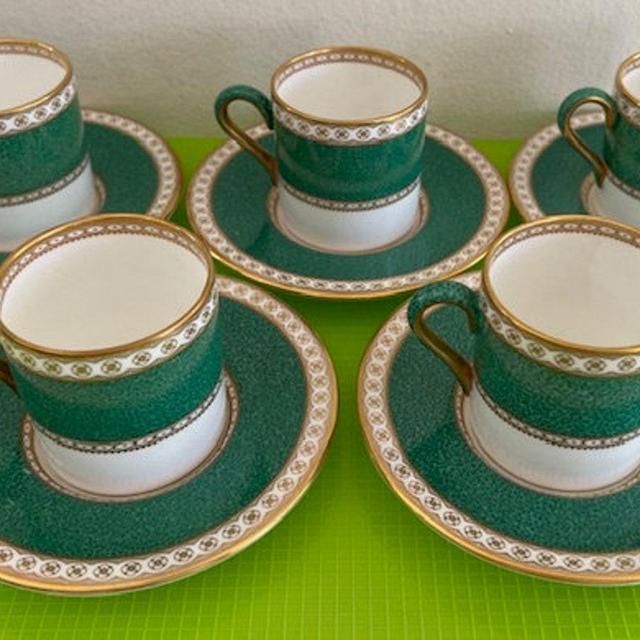 Wedgewood Bond Shape Demitasse Espresso Cup & Saucer Set of 2 Ulander Powder Green Pattern Made 1927-1973 Discontinued 5 Sets Available