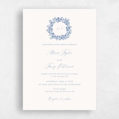 Denim Blue Wedding Invitation - Tiglio Wreath