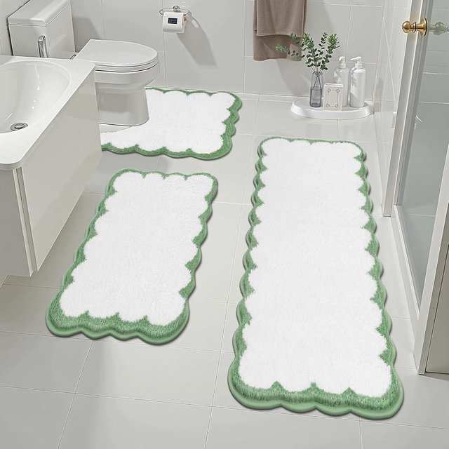 Pauwer Bathroom Rugs Sets 3 Piece Scalloped Bathroom Shower Rugs with U-Shaped Contour Toilet Mat Absorbent Microfiber Plush Bath Mats Non Slip Bath Rug Washable Shaggy Floor Mats, White and Green
