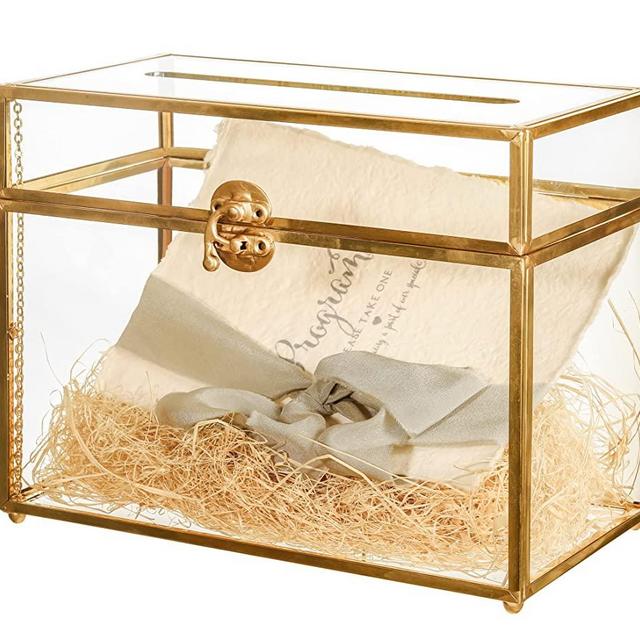 NCYP 10" Glass Card Box with Slot, Vintage Rectangle Gold Clear Card Holder Box for Wedding Reception, Keepsake, Birthday Party Wish well Centerpiece, Handmade Large Terrarium Gift (Glass Box Only)