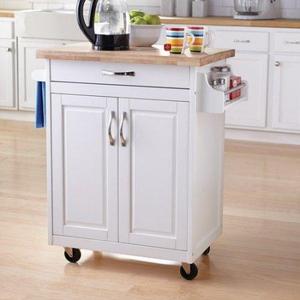 Kitchen Cart Rolling Island Storage Unit Cabinet Utility Portable Home Microwave Wheels Butcher Wood Top Drawer Shelf (White)