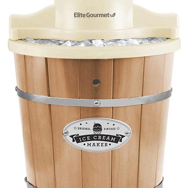 Elite Gourmet EIM-924L# 4 Quart Electric Motorized Ice Cream Maker Ice & Rock Salt, 4Qt. Freezing Canister, Creamy Ice Cream, Gelato, Frozen Yogurt, or Sorbet, Recipe Booklet, Pine