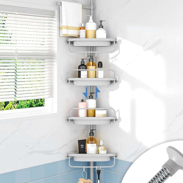 ALLZONE Rustproof Shower Caddy Corner for Bathroom,Bathtub Storage Organizer for Shampoo Accessories,4-Tier Adjustable Shelves with Tension Pole, 39 to 113 Inch, Grey