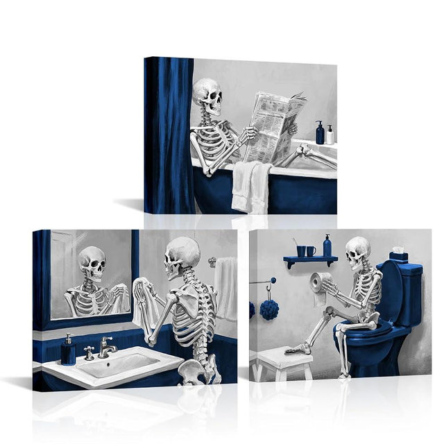 Conipit Spooky Skeleton Bathroom Wall Art Black and Navy Blue Pictures 3-Piece Canvas Print Set, Humorous Bathroom Decor 12''x16''x3 (navy)