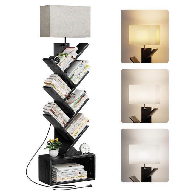 Evermagin 6 Tier Tree Bookshelf with Light, Small Bookcase Tower for Books/CDs/Movies, Sturdy Tall Floor Standing Book Organizer with Storage Cabinet for Living Room, Bedroom and Home Office (Black)