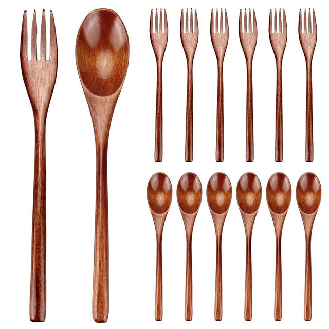 12 Pieces Wooden Forks and Spoons for Eating Utensil Set Lunch Wooden Cutlery Japanese Silverware Sets Flatware Reusable Bamboo Small Utensils Korean Mini Wooden Spoon Fork Set