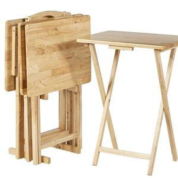 Amazon Basics Classic Foldable TV Dinner Tray Table with Storage Rack, 14.6 L x 19 W x 26 H inch, Natural, 4-Pack