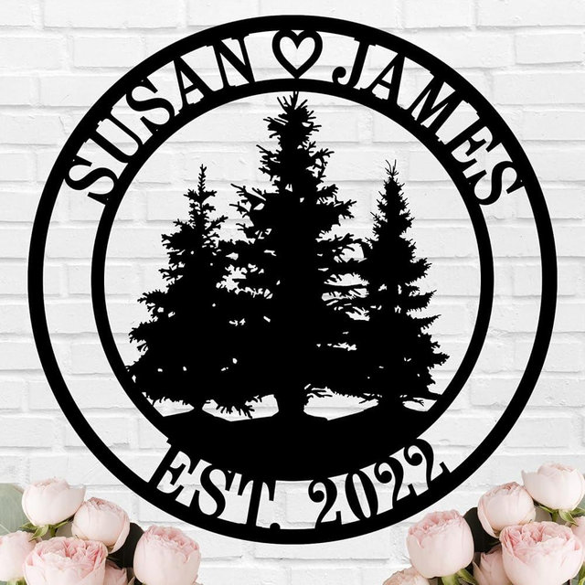 Personalized Pine Family Name Sign, Custom Metal Monogram Sign with Pine Trees
