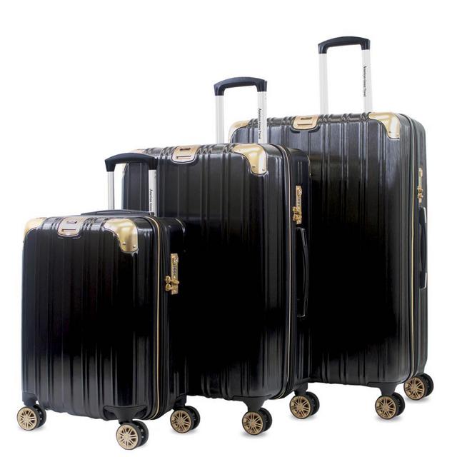 Melrose S 3-Piece Black/Gold Polycarbonate Anti-Theft Expandable Spinner Luggage Set with TSA Lock and Corner Guards