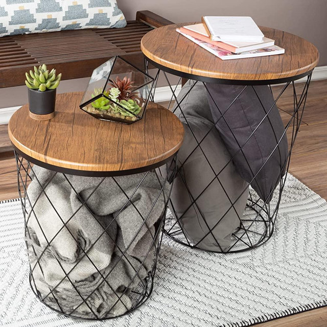 Lavish Home End Storage – Nesting Wire Basket Base and Wood Tops – Industrial Farmhouse Style Side Table Set of 2, Brown