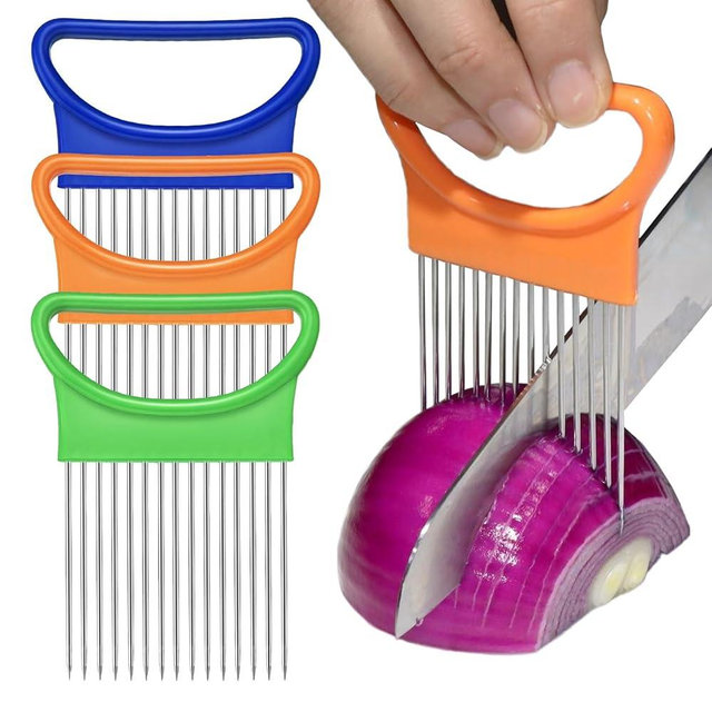 FANTEXY 3Pieces Onion Holder for Slicing, Stainless Steel Onion Cutter for Slicing, Potato Lemon Slicer Tomato Slicers Kitchen Comb for Vegetables, Fruit and Meat