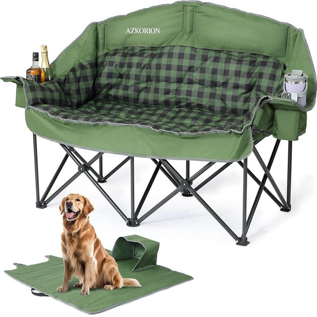 Oversized Double Camping Chair Heavy Duty Padded Double Folding Chair with Cup Holders & Carry Bag Foldable 2 Person Camping Chairs Outdoor Portable Couch for Lawn, Sports - Supports 900LBS Green