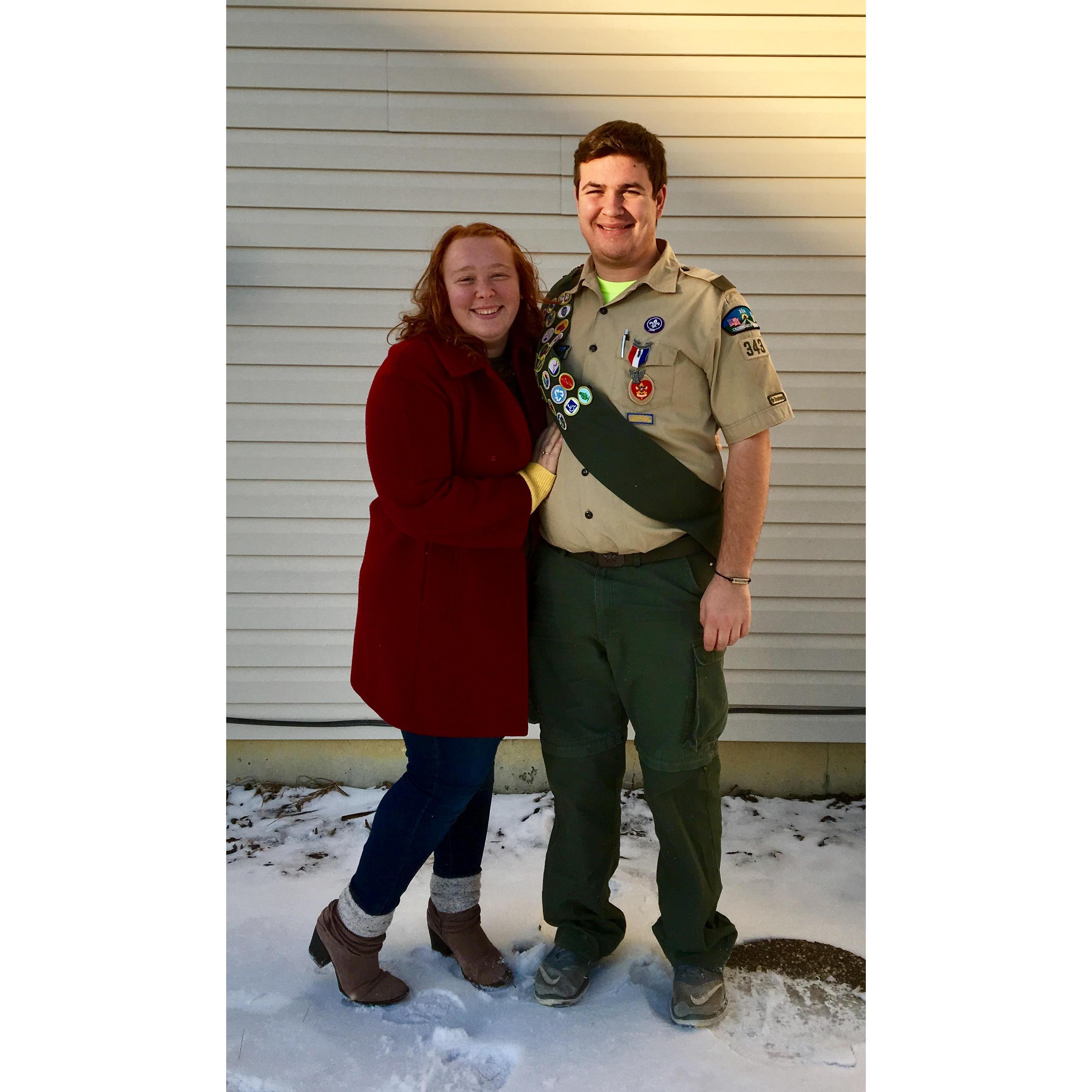 This is right after Luke's Eagle Scout ceremony! Being a Boy Scout was a huge part of Luke's childhood and Mariah looks forward to joining him on camping trips in the future!