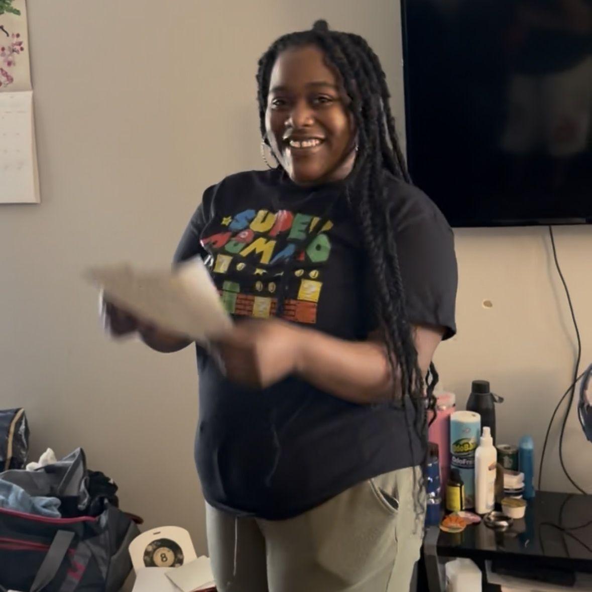 Deedi accepting her bridesmaid box!