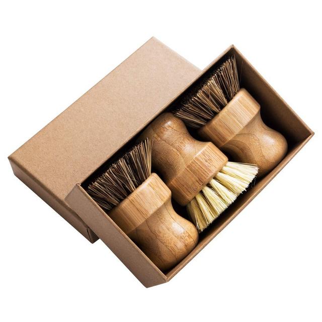 Palm Pot Brush- Bamboo Round 3 Packs Mini Dish Brush Natural Scrub Brush Durable Scrubber Cleaning Kit with Union Fiber and Tampico Fiber for Cleaning Pots, Pans and Vegetables