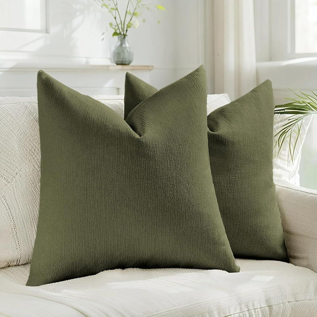 HAUSSY Moss Green Throw Pillow Covers 20x20 Inch Set of 2,Boho Decorative Faux Linen Throw Pillows Cozy Farmhouse Accent Cushion Covers,Home Decor for Couch Sofa Bed Living Room