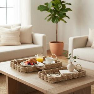Household Essentials Woven Seagrass Scalloped Rectangular Trays, Set of 2, Natural