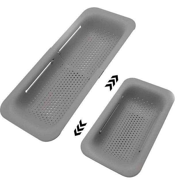 Sink Colanders and Strainers Basket Retractable Plastic Fruit Vegetable Strainer Drainer Basket for Kitchen (Length 14.3 inch-19.4 inch)(Gray)
