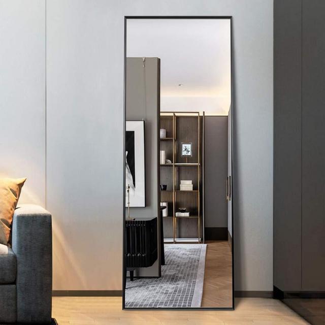MIRRORCC Aluminum Alloy Thin Frame Full Length Mirror Floor Mirror, Large Rectangle Dressing Mirror Wall-Mounted Mirror Bedroom Mirror, Standing Hanging or Leaning Against Wall, Black, 65x22