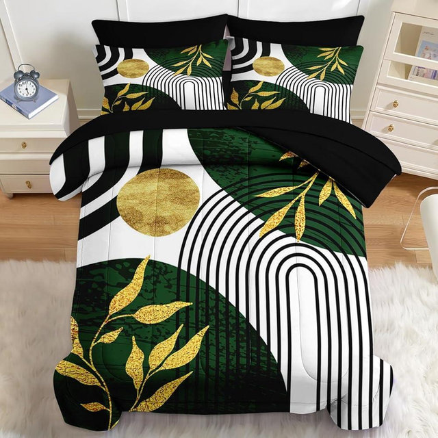 Nesker Comforter Set King Size, Green Boho Golden Leaves 7 Pcs Bedding for Kids and Adults, Mid Century Abstract Bed Sheet Sets with Fitted Sheet 2 Pillowcases & 2 Shams