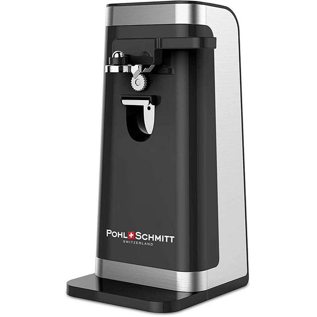 POHL SCHMITT Electric Can Opener, Easy Push Down Lever, Knife Sharpener, Bottle Opener & Built-In Cord Storage, Opens All Standard-Size and Pop-Top Cans, Black