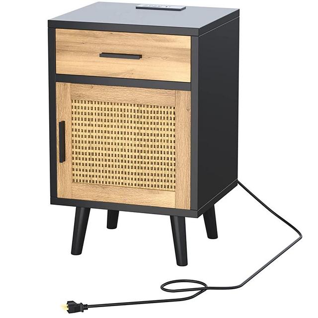Irontar Nightstand with Charging Station & USB Ports, Rattan Nightstand with Drawer, Farmhouse End Table with Door for Bedroom, Accent Side Tables, Black and Natural BZZ005ME