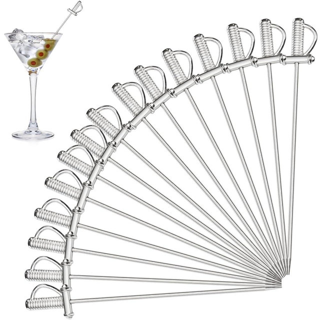 DEAYOU 15 PCS 18/10 Stainless Steel Cocktail Toothpicks, 4.4" Martini Drink Pick Stick, Metal Reusable Cocktail Skewers, Fruit Garnish Pick Swizzle Stirrer for Olive, Appetizer, Decor, Silver, Swords