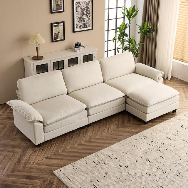 VINGLI 121" Cloud Couch, Comfy Modular Sectional Sofa Set for Living Room,Modern Linen 3-Seat Convertible Loveseat Sofa with 1 Ottoman for Small Space.（Beige）