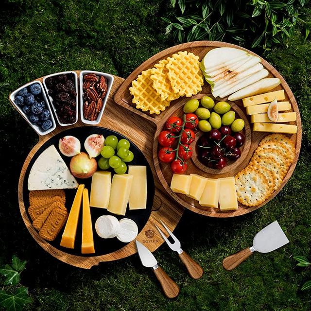 Dofira Nautilus Cheese Board and Knife Set, Acacia Wood Charcuterie Board Set with Slate Platter & Ceramic Bowls, Round Serving Board for Housewarming, Anniversary & Wedding Gifts, Bridal Shower Gift