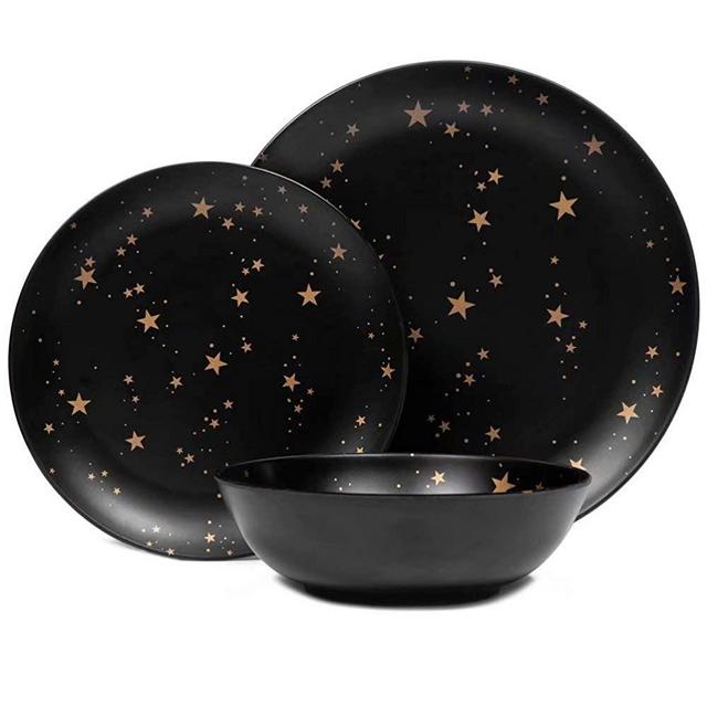 Melamine Plates and Bowls Set - 12pcs Dishes Dinnerware Set for 4, Dishwasher Safe, Black, Star Pattern