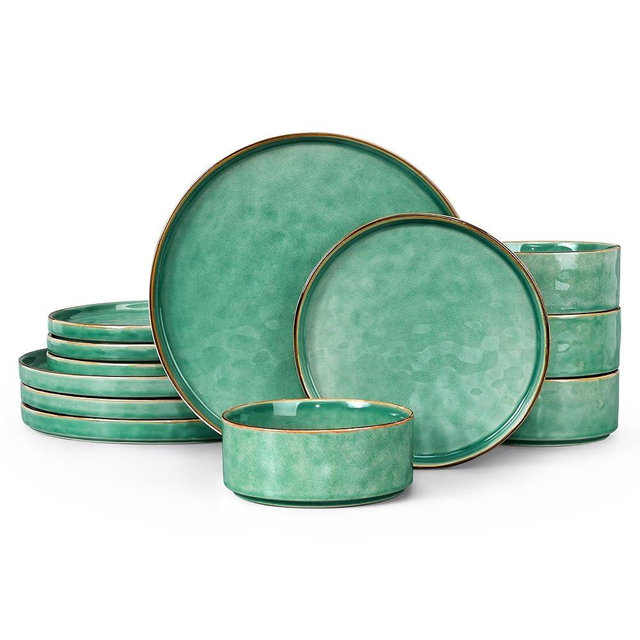 LIANYU Dinnerware Sets for 4, 12 Piece Plates and Bowls Dish Set, Stoneware Dishware Dinner Ware for Kitchen Dining, Microwave & Dishwasher Safe, Emerald Green