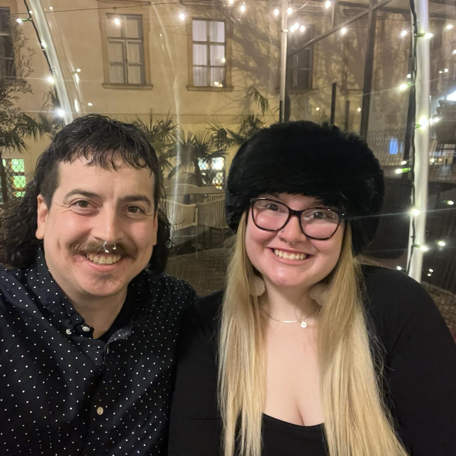 Having dinner in Budapest, Hungary.