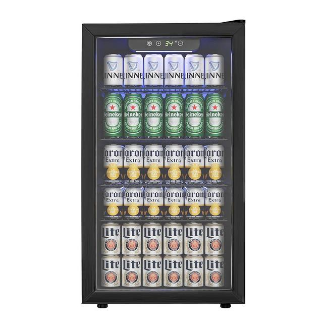 Icyglee Beverage Refrigerator and Cooler, 126 Can Mini fridge with Plastic Door, Beverage Cooler with Digital Temperature Display & Adjustable Shelves for Soda Beer or Wine, Black