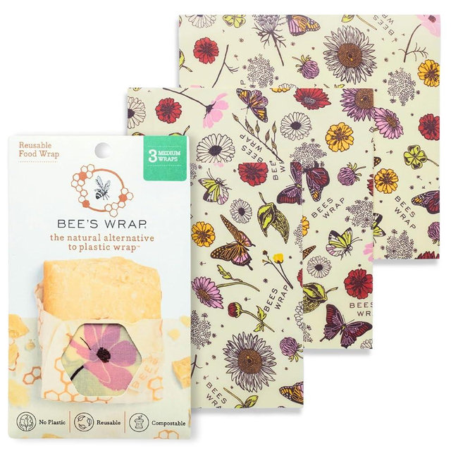 Bee's Wrap Vegan Beeswax Wraps for Food - 3 Pack of Medium Beeswax Wraps - Made in USA Reusable Natural Food Wrap - Meadow Magic Print