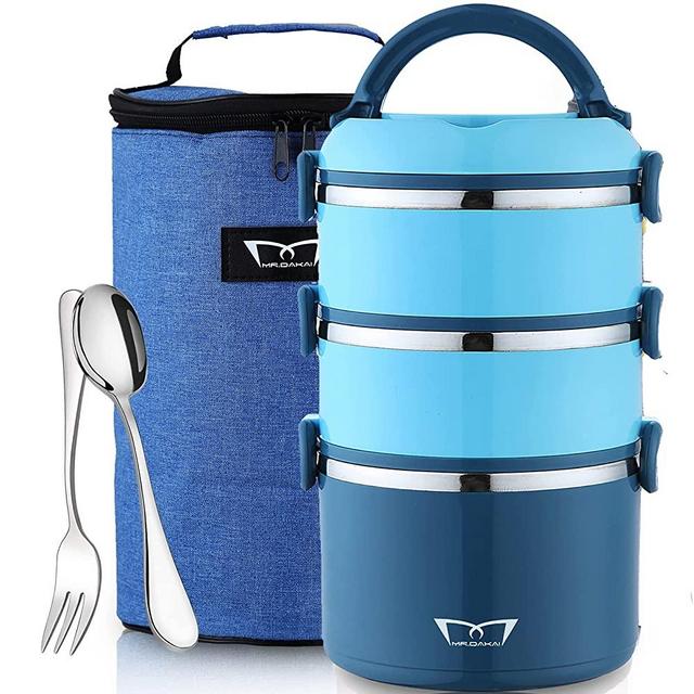 Bento Box Adult Lunch Box with Insulated Lunch Bag Spoon Fork - Stainless Steel Leakproof Stackable Lunch Containers Thermal Food Storage for Work School Camping, 3-Tier Compartments Snack Box, Blue