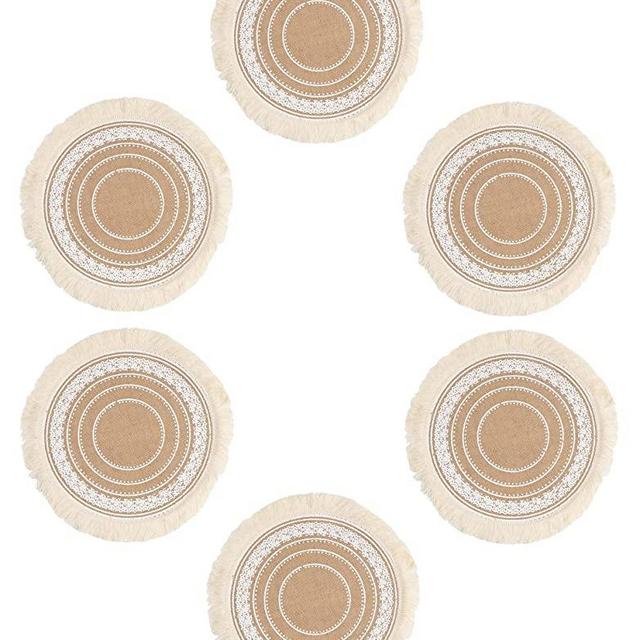 ANQLRMD Boho Round Placemats Set of 6, Boho Home Décor- Jute Linen with Macrame Table Mats for Dining Table, Wedding, Farmhouse Rustic Christmas Party Table Place mats Dia 14"