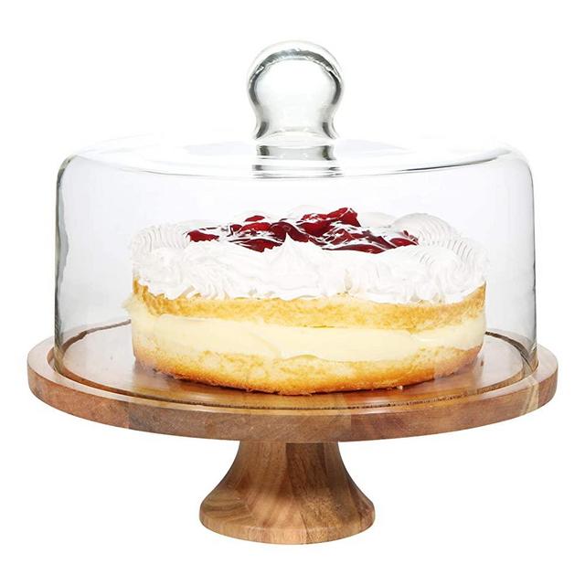 Houseables Cake Stand, Cakes Plate, 10.8” x 11.3” x 10.2”, 1 Pk, Clear, Brown, Glass, Acacia Wood, Rustic Pedestal, Wooden Platter, Donut Display, Covered Stands, With Dome Cover, For Pastry, Wedding