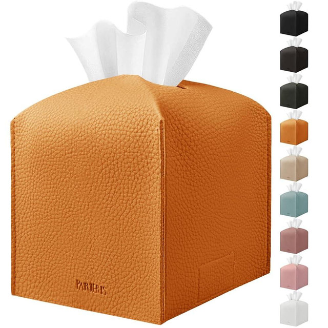 PARIERIS Tissue Box Cover Holder Square Tissue Cube Cover PU Leather Tissue Organizer with Bottom Belt for Bathroom, Tabletop, Car, Night Stands, Office, Home, Kitchen (1, BrightBrown)