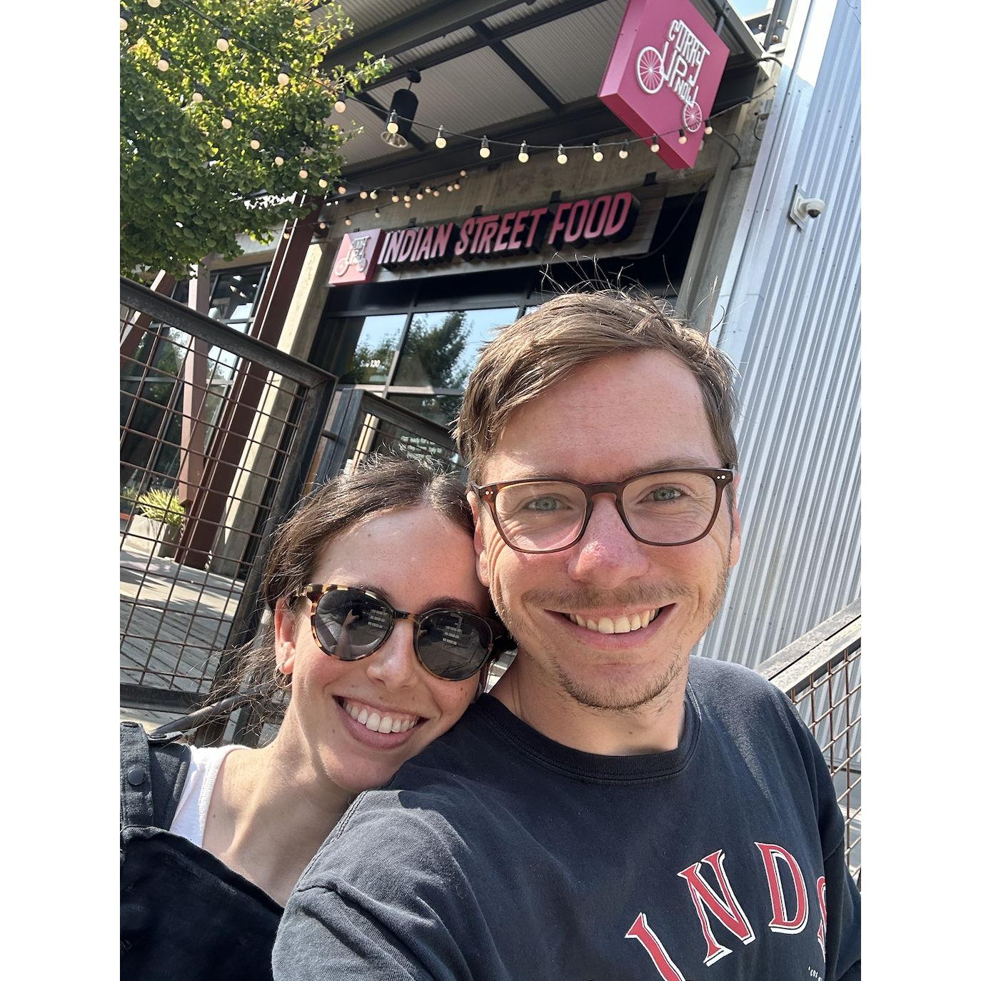 January 31, 2020: We had our first date at "Curry Up Now" (we didn't get a pic of our first date so this is a recreation 4 years later)