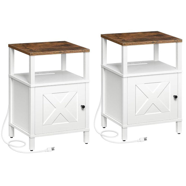 MAHANCRIS Set of 2 Farmhouse Nightstand with Charging Station, White Bedside Table with USB&Type-C Ports and Outlets, End Table with Storage, Night Stand for Bedroom, White and Rustic Brown