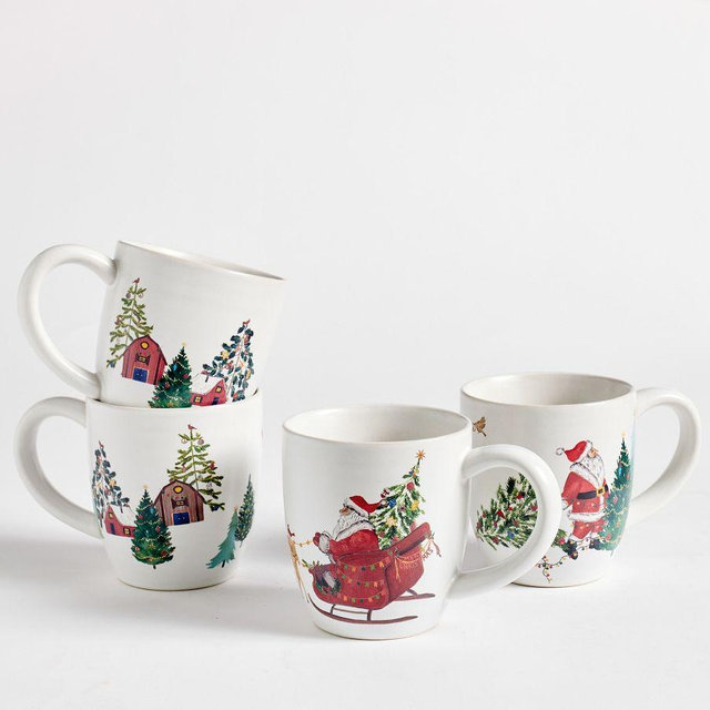 Christmas in the Country Stoneware Mugs, Set of 4 - Green/Red