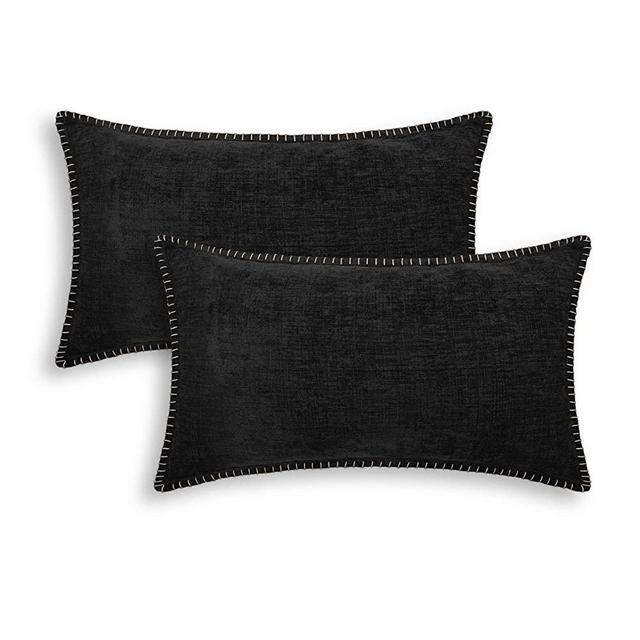 CaliTime Throw Pillow Cases Pack of 2 Cotton Thread Stitching Edges Solid Dyed Soft Chenille Cushion Covers for Couch Sofa Home Farmhouse Decoration 12 X 20 Inches Black