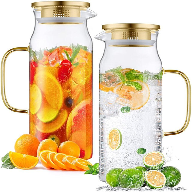 Bivvclaz 2 Pack 2 Liter 68 oz 2.1 Qt Gold Glass Pitcher with Lid and Handle, Water Pitcher for Fridge, Glass Carafe for Hot/Cold Water, Large Iced Tea Pitcher for Coffee, Juice and Homemade Beverage