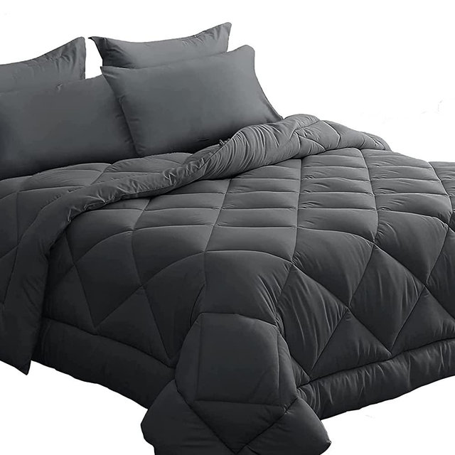 HEVUMYI Queen Comforter Set, 8 Pieces All Season Bed in a Bag Grey, Down Alternative Bedding Sets Queen with Comforter, Flat Sheet, Fitted Sheet, Bed Skirt, Pillowcases & Pillow Shams (Dark Gray)