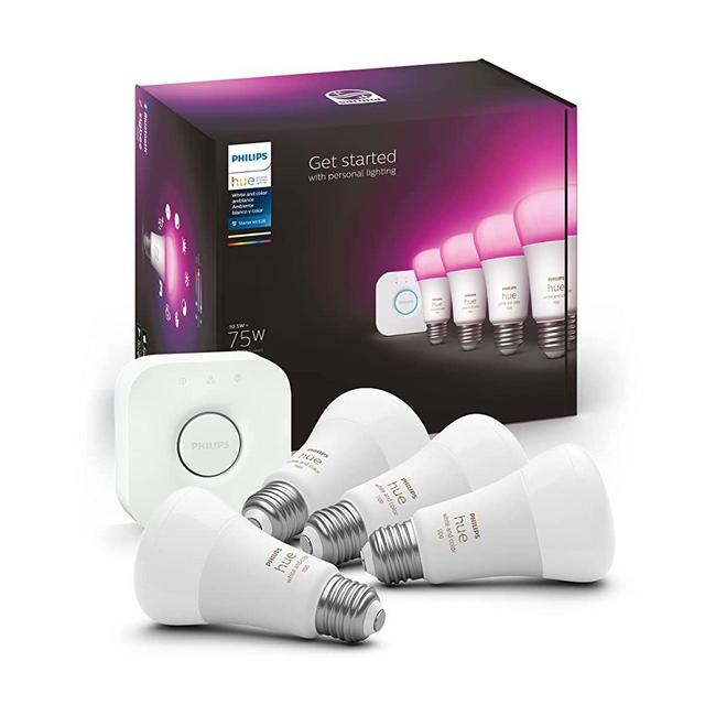 Philips Hue A19 LED Color Smart Bulb Starter Kit (75W 2021 Version), Compatible with Alexa, Apple HomeKit & Google Assistant, White and Color Ambiance (16 Million Colors), 4 Bulbs