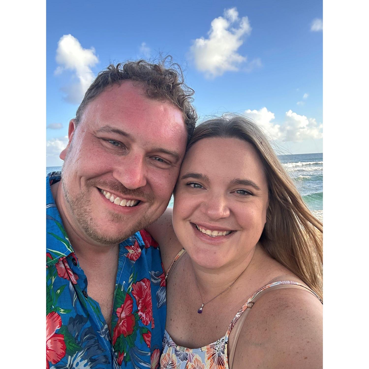 Celebrating our engagement, at Wailua Bay, Kauai, Hawaii