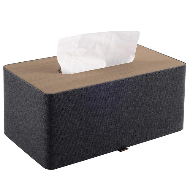 RHCSZ High-end Pu Leather Tissue Box Holder Two Color Combination-Linen and Wood Grain,Rounded Rectangle Napkin Paper Case Dispenser for Home Bathroom Dresser Offices Car Tissue Cover (Black)